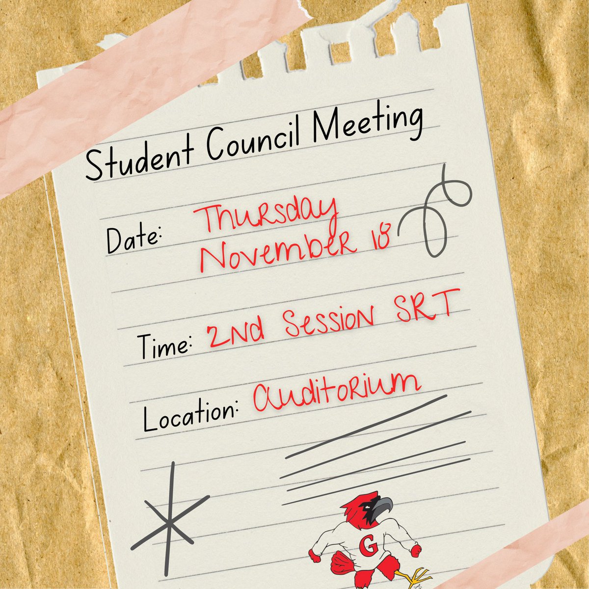 Student Council meeting Thurs, Nov 18, 2nd session SRT in the auditorium. Student Council is an opportunity to develop leadership skills and help organize and create activities and service projects. Student Council also plans events that contribute to school spirit and community.