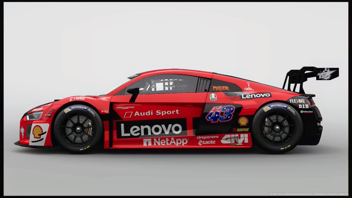 TSDLiveries's tweet photo. ...most recent reproduction is @jackmilleraus and the @ducaticorse scheme. Was going to put it on a ferrari, bur remembered that they are sponsored by @audisport so did it on the audi. @thegranturismo #ducati #DucatiLenovoTeam #jackmiller #jm43 #liverydesign #liverycreator https://t.co/NYATrRcWDq