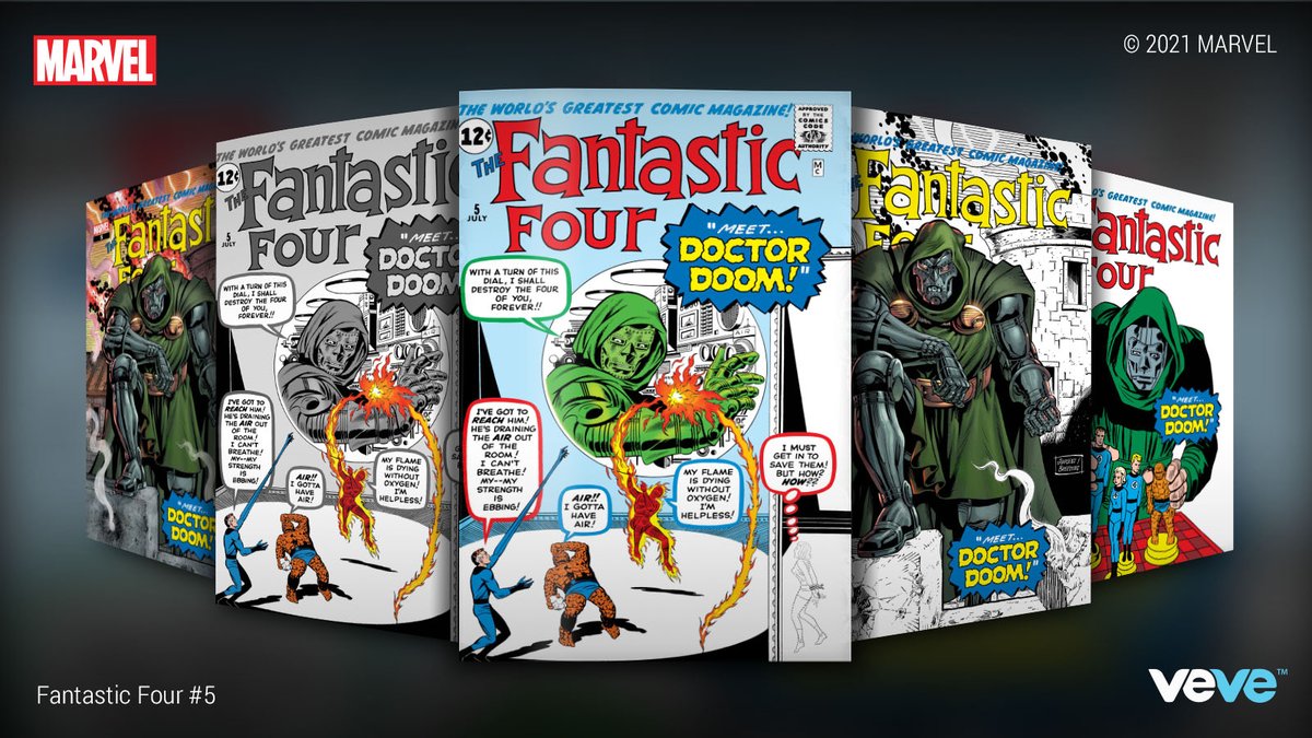 veve_official's tweet photo. First Appearance of Doctor Doom!

@Marvel digital comic Fantastic Four #5 drops in blind box format Friday, 19 Nov. at 8AM PT.

Includes VeVe Exclusive Rare &amp; Ultra Rare variant covers w/ pencils by Dan Jurgens, inks by Brett Breeding, and colors by Alex Sinclair!

#MARVELxVeVe https://t.co/vDoqLOOIXg