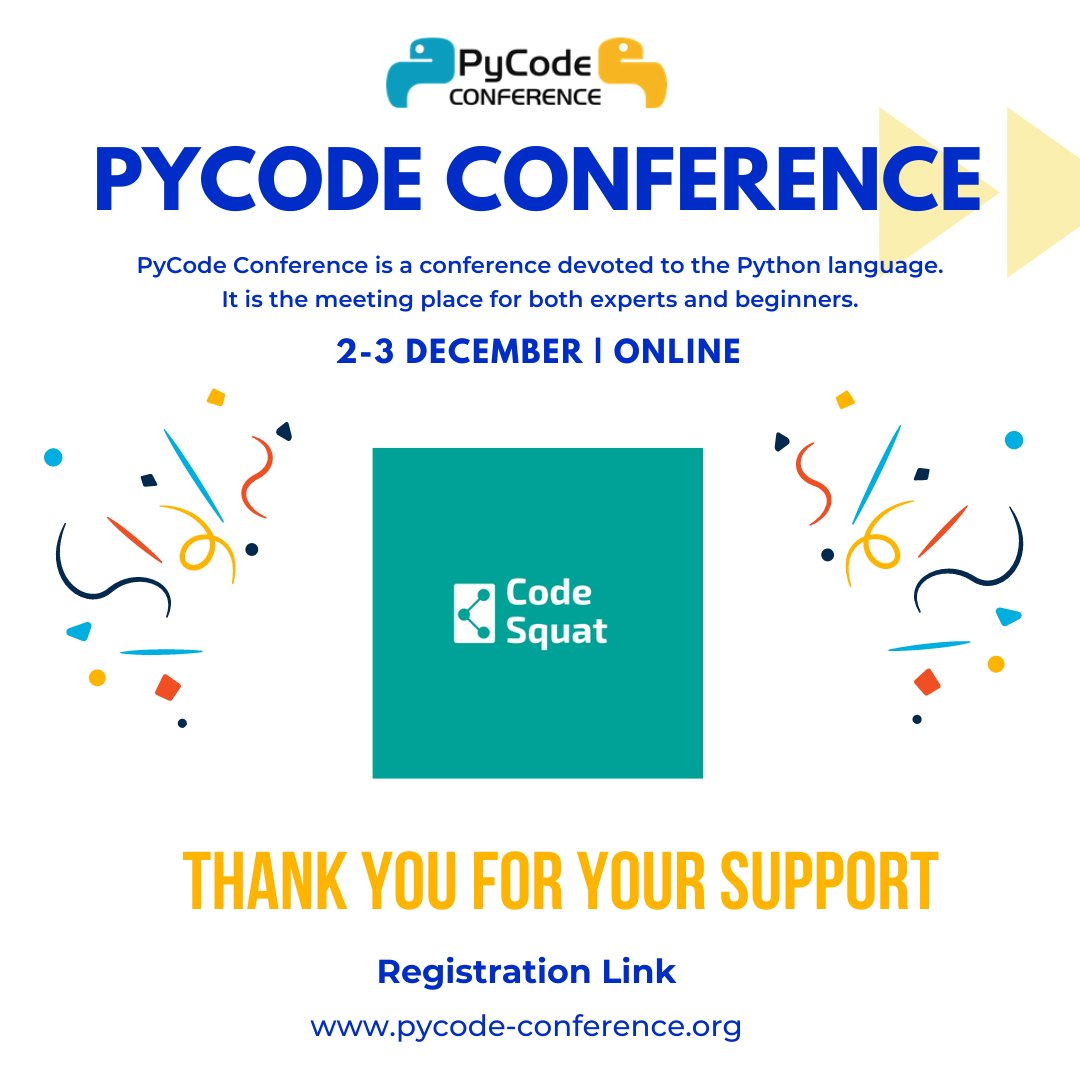 pycode_conf's tweet image. We are pleased to inform you that Code Squat has become our sponsor. Thank you for your support! #codesquat #sponsor #pycode