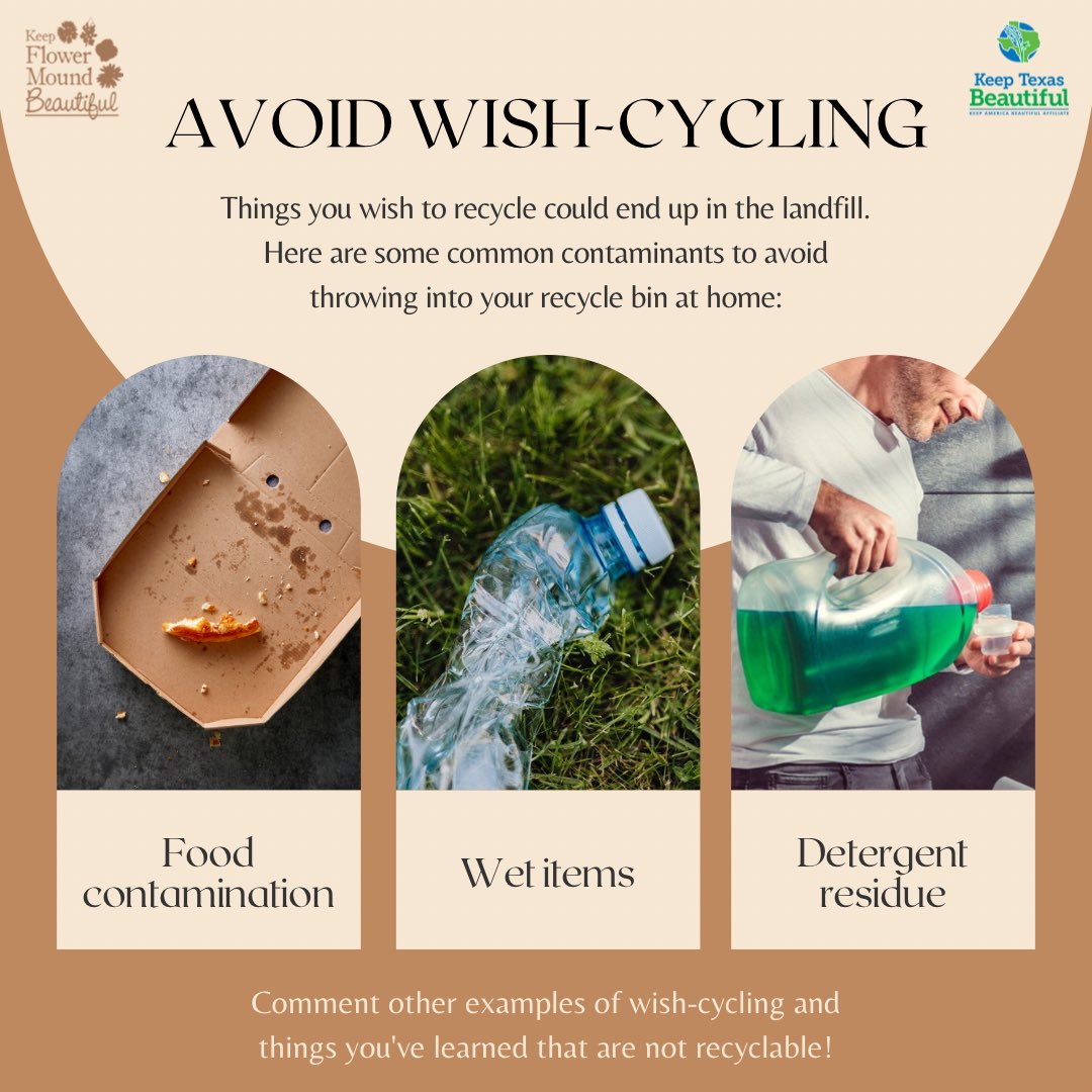 KeepFMBeautiful's tweet photo. ✅ Recycling ✅
🚫 Wish-cycling 🚫

Sometimes we can add to the landfill even when we’re trying to minimize trash. Here are a few things to look out for:

#KeepFlowerMoundBeautiful #KFMB #FlowerMound #TexasRecyclesDay #KeepTexasBeautiful #KTB #ReduceReuseRecycle https://t.co/Lix27vLoAG