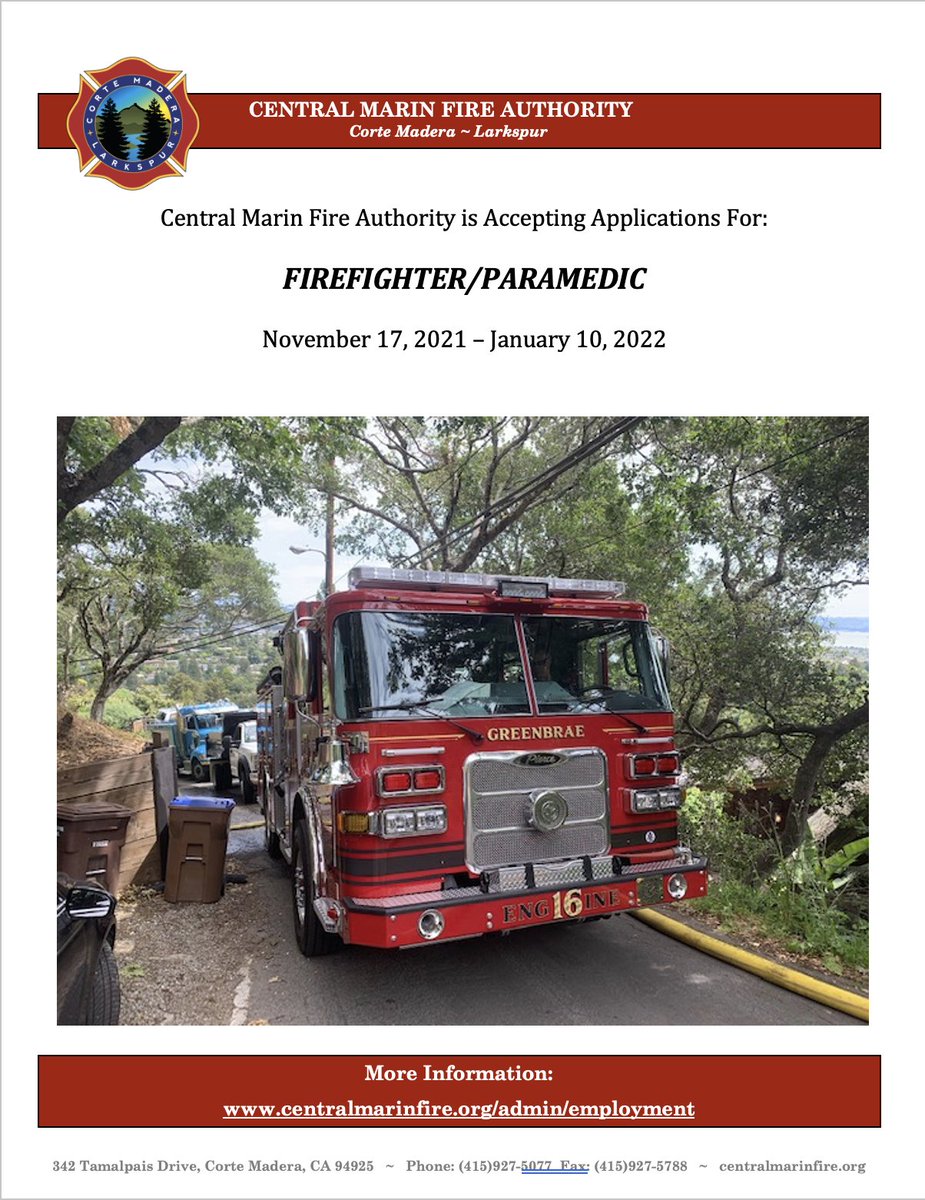 centralmarinfd's tweet photo. Are you looking for an exciting and rewarding career! The Central Marin Fire is currently hiring for the position of Firefighter Paramedic. More information on the position can be found at: https://t.co/dBJSQnfGDP https://t.co/PC9Hp3KboA