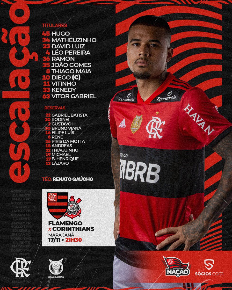 Flamengo's tweet photo. Nosso Time é a Gente em Campo! O Mengão está escalado para enfrentar o Corinthians, no Maracanã, pelo Brasileiro. Pra cima! #FLAxCOR  #VamosFlamengo https://t.co/qCSj5BQ7y5