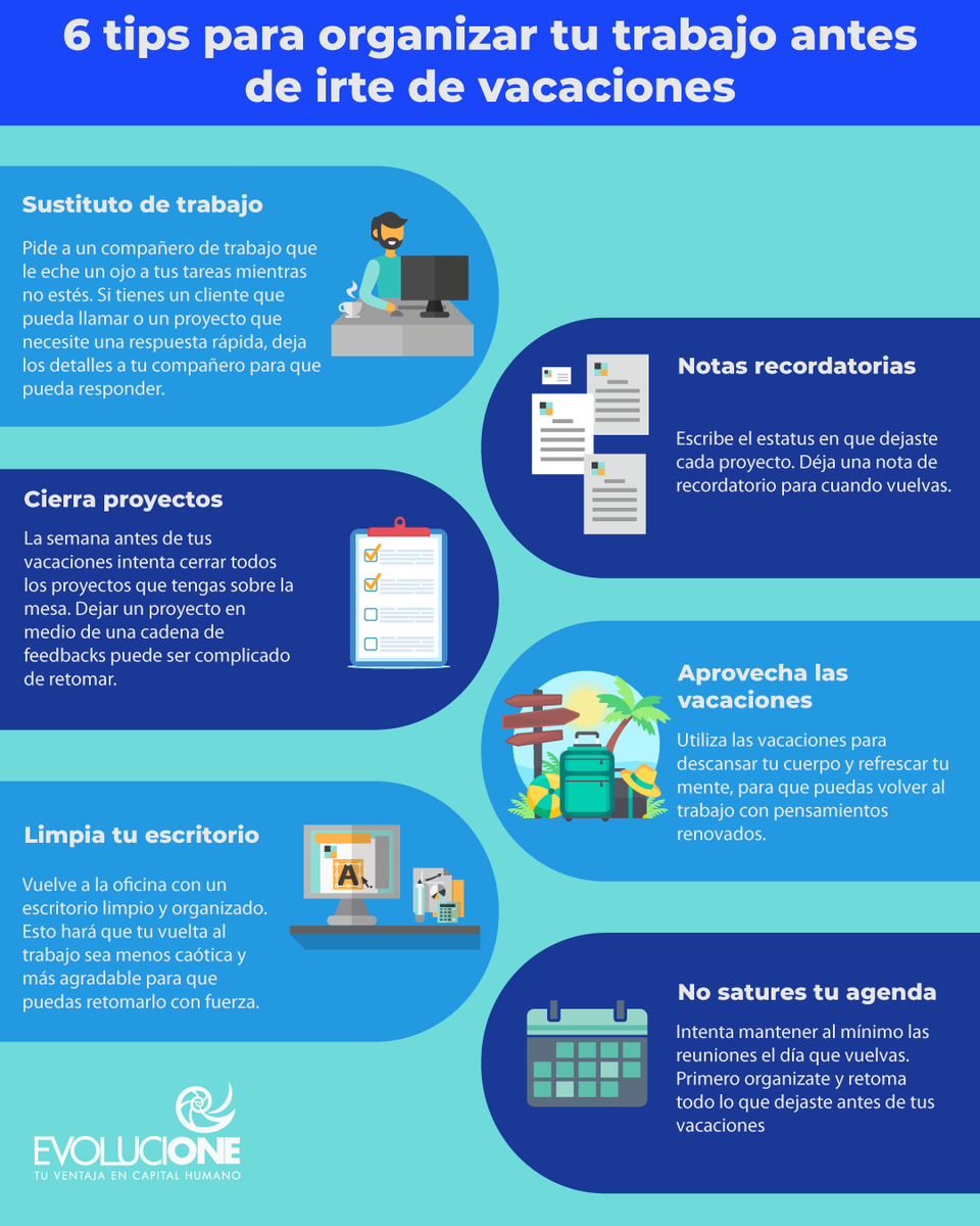 Tus vacaciones son sagradas, disfrútalas al máximo organizándote bien para que puedas desconectar del trabajo y hacer tu regreso más agradable. 🏖️🚙✈️🧳🎟️ #vacaciones #organización #trabajo #Jobs #recursoshumanos #evolucionemx
