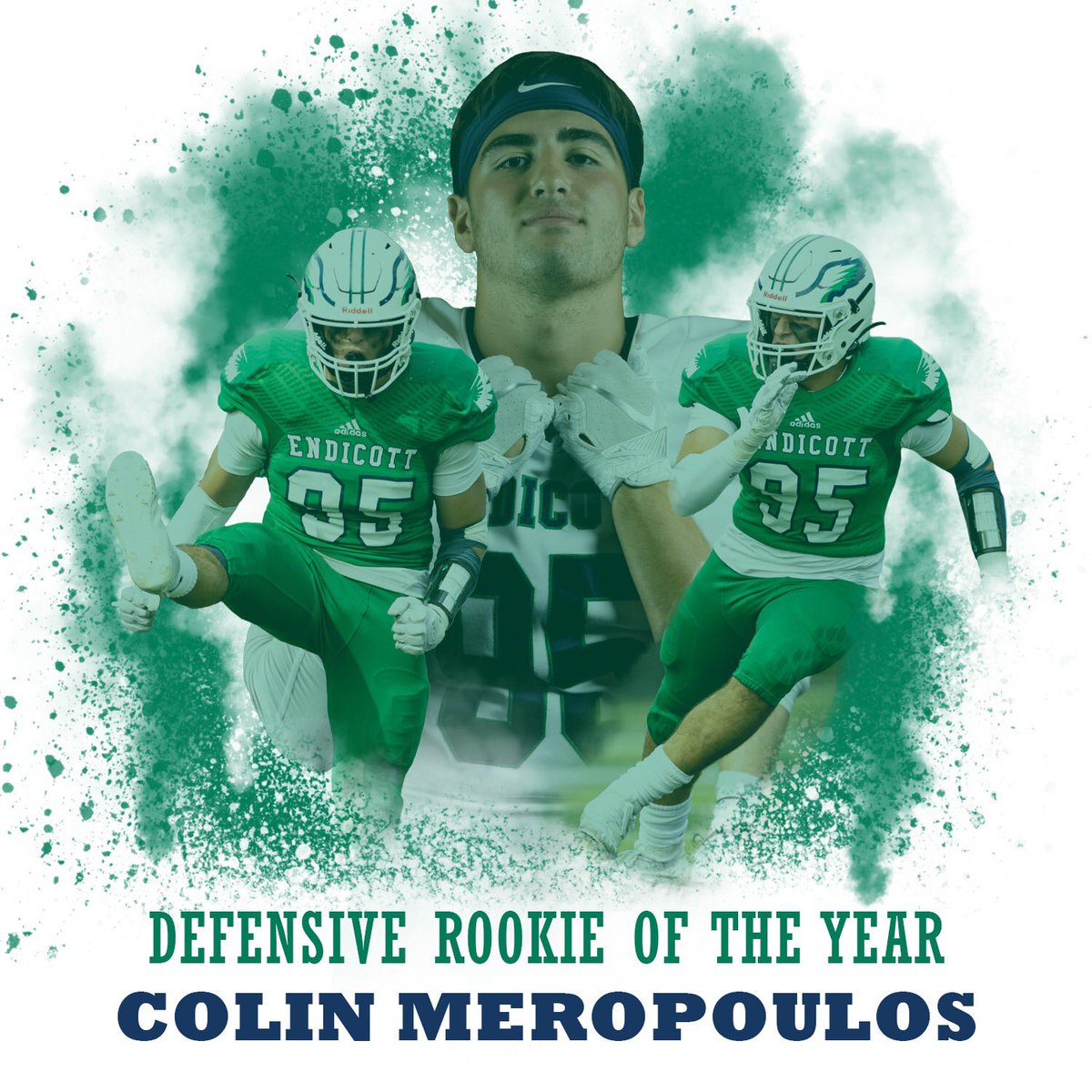 EndicottFB's tweet image. Congratulations to Colin Meropoulos on being named @CCC_SportsFB DEFENSIVE ROOKIE OF THE YEAR‼️

🔵 3x Defensive Rookie of the Week
🔵 School Record 4.5 Sacks in a game
🔵 4th in the Nation in sacks with 13

#BeachBall 🏖🏈
#RI21NGTIDE 🌊