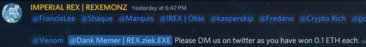 geniusofnothing's tweet photo. Been following @rexemonz and been hanging out with the Rexes in discord playing gartic, trivia, connect4, etc.
Huge fan of pet battles and dank memer Rexeclub.🦖
Also won a #giveaway recently. 🤑
Team and community = 🔥.
Thank you #rexemonz 👑!! 🙏
#NFT #NFTCommunity #NFTs https://t.co/NWn8T7xJ0z