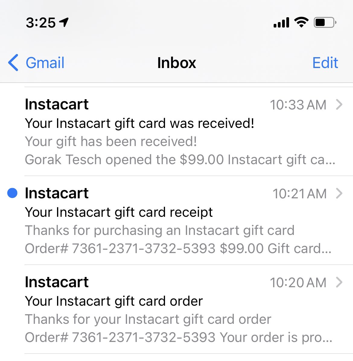 stabby's tweet photo. I’ve literally NEVER been able to order thru @Instacart bc every time I’ve tried I’m told my acct is flagged as fraudulent.  
…so naturally I am dying to know how an actually fraudulent user has been able to use MY account to send gift cards when I have not. 🤨 https://t.co/ZFiQ6RPcAi