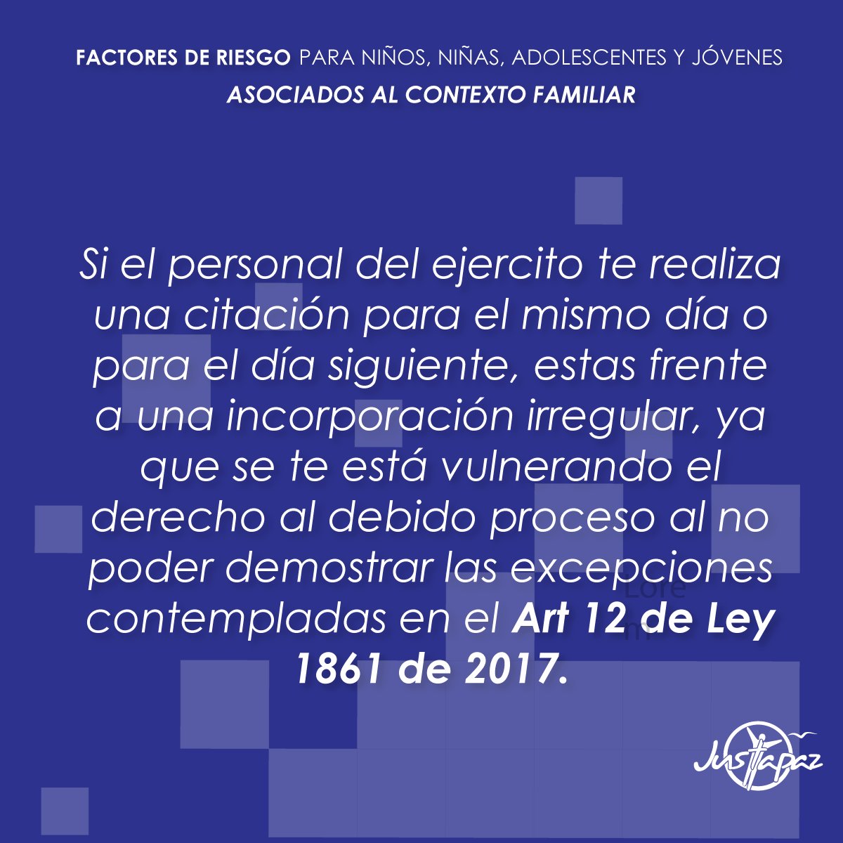 Justapaz_Col's tweet photo. #YoObjeto| 🚨Es ilegal que personal del ejército nacional te cite a sus instalaciones de forma inmediata. 

Recuerda que el Artículo 12 de la ley 1861 de 2017 respalda tus derechos. Adicionalmente, Justapaz te brinda acompañamiento y asesoramiento frente a procesos irregulares https://t.co/zveiVKnqPM