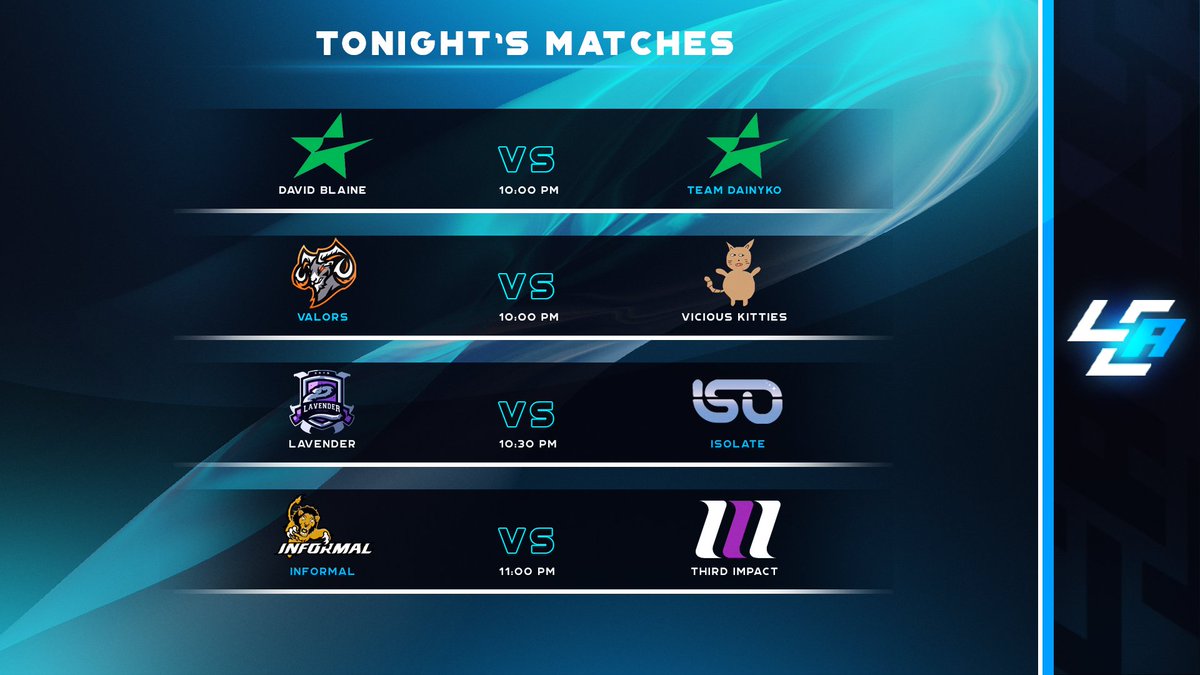 LCABroadcasting's tweet image. Tonight's matches covered by LCA! 🚨

⚔️ #DavidBlaine vs #TeamDainyko
🎙️ @AngelOfBattle07 

⚔️ @Valorsgg vs #ViciousKitties
🎙️ @ynoTFPS 

⚔️ @LavenderEsports vs @IsolateeSports 
🎙️ @Deprivee_ 

⚔️ @Informal_GG vs @ThirdImpactGG 
🎙️ @pocke7watch