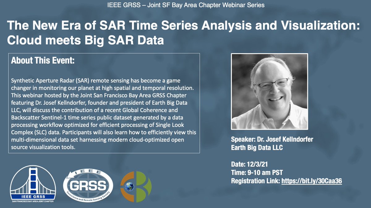 SF Bay Area GRSS (@sfbayareagrss) on Twitter photo Join us on 12/3 at 9am PST as we hear from Dr. Josef Kellndorfer <a href="/EarthBigData/">Josef Kellndorfer</a> on his work using global coherence and backscatter Sentinel-1 time series data. <a href="/IEEE_GRSS/">IEEE Geoscience and Remote Sensing Society</a> #RemoteSensing #Sentinel1 #OpenData
Registration link: bit.ly/30Caa36 Join us on 12/3 at 9am PST as we hear from Dr. Josef Kellndorfer <a href="/EarthBigData/">Josef Kellndorfer</a> on his work using global coherence and backscatter Sentinel-1 time series data. <a href="/IEEE_GRSS/">IEEE Geoscience and Remote Sensing Society</a> #RemoteSensing #Sentinel1 #OpenData
Registration link: bit.ly/30Caa36