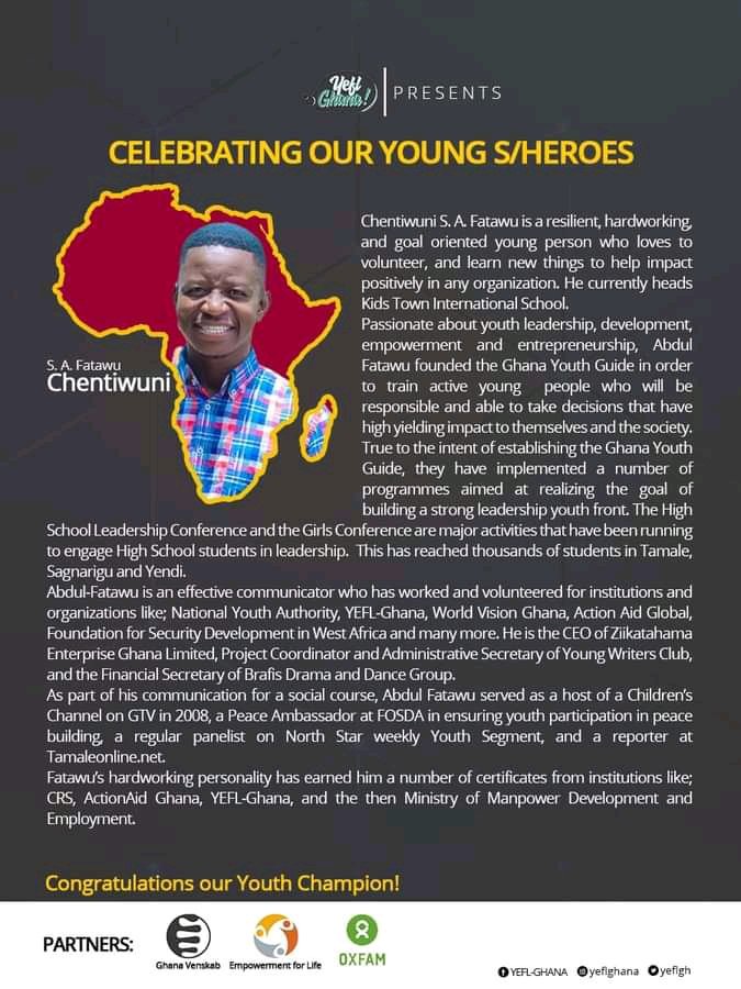 Congratulations to our executive director <a href="/ChentiPrince/">Prince Chentiwuni</a> for your contributions to the development of young people in Northern Ghana 
<a href="/yeflgh/">YEFL-Ghana</a>