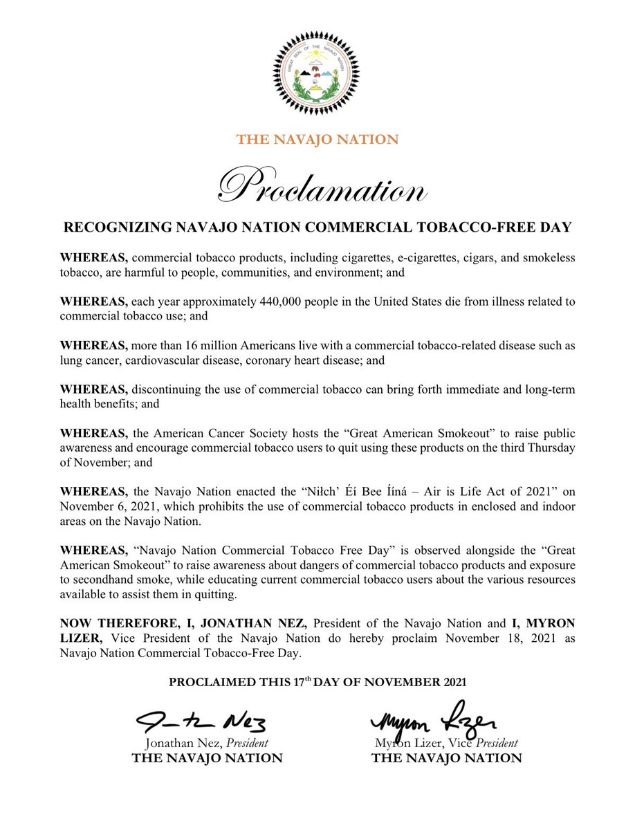 NezForAZ's tweet photo. Today, we issued a proclamation recognizing Thursday, November 18, 2021 as “Navajo Nation Commercial Tobacco-Free Day” to raise awareness about the dangers of commercial tobacco products and exposure to second hand smoke. https://t.co/W1kmNZ03fJ