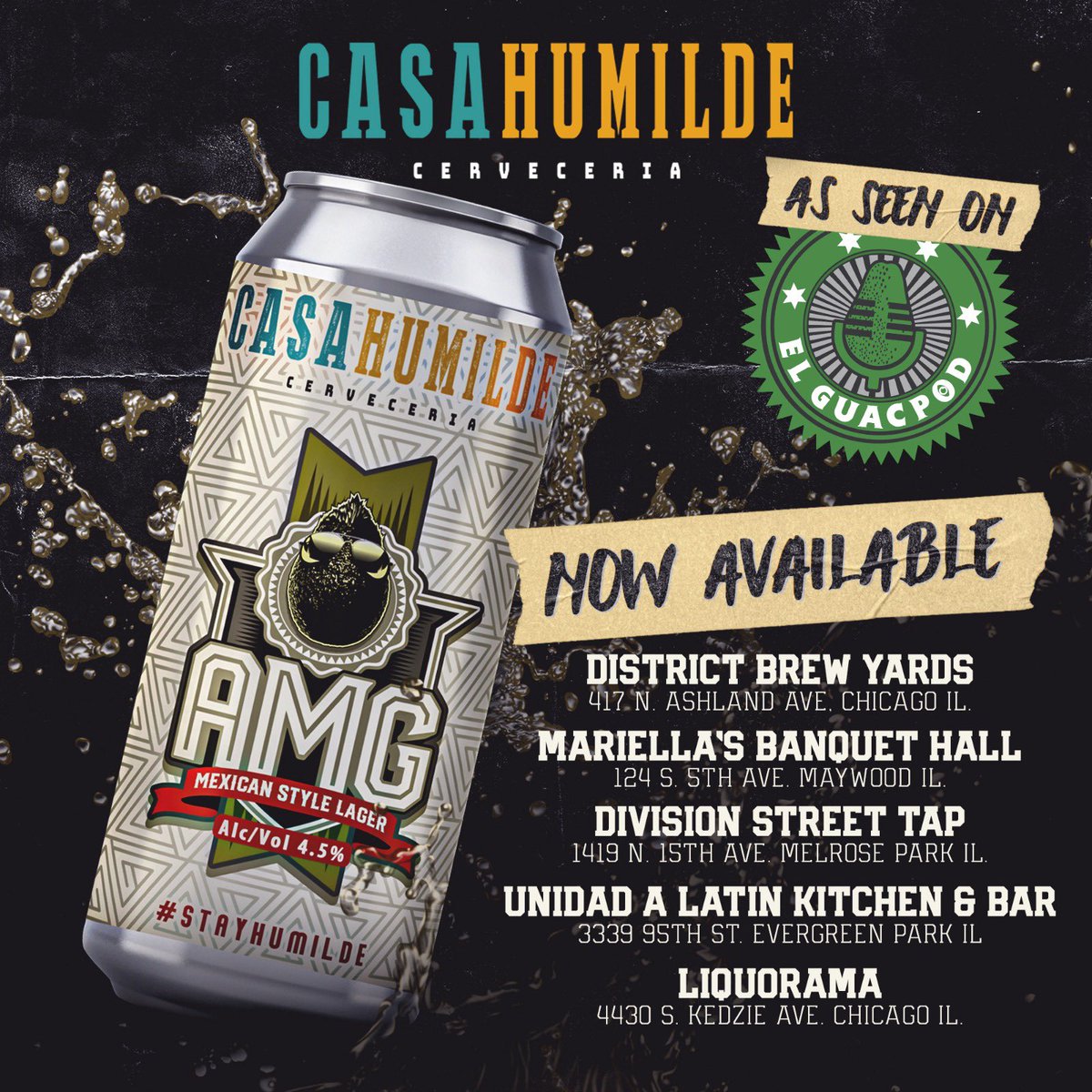 ElGuacPod's tweet photo. AMG Beer is back in stock!! We wanna thank everyone who has supported us through every Season and everyone who sends us messages asking us for our beer! You can now find them in the following locations!! Thank you to @casa_humilde  for believing in our product!! https://t.co/F9puEKWGFD