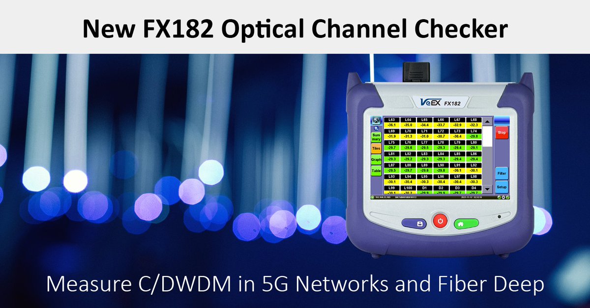VeEXInc's tweet photo. Press Release | Introducing the FX182 Optical Channel Checker. A compact solution measuring both #CWDM and #DWDM (C&L-bands) in #5G networks and #FiberDeep. See CWDM/DWDM channel results on a single screen. Full press release: https://t.co/Y9lKWycwp1
#fiberoptic #veexinc https://t.co/kzk6aQzClr