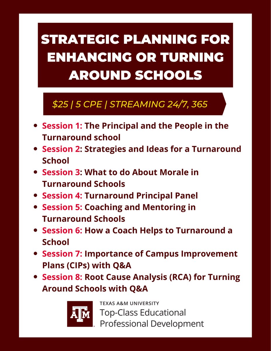 ElrcTamu's tweet photo. Interested in our Top-Class Educational Institutes? π€ Learn more about Strategic Planning for Enhancing or Turning Around Schools (& others!) at the link below!
Link to enroll: https://t.co/akjhb0E4o6
#Aggies #tamu #aggieland #educationalprofessionaldevelopment #TopClass https://t.co/8Oi0YOoVFY