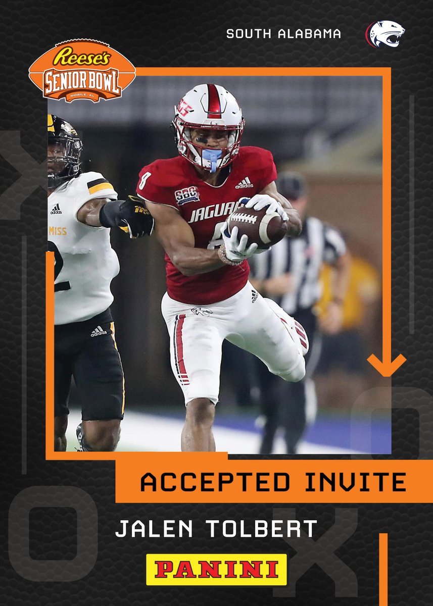 seniorbowl's tweet image. OFFICIAL! Please welcome WR Jalen Tolbert (@Jalen8Tolbert) from @WeAreSouth_FB to the 2022 @Reeses Senior Bowl!!! #LEO #GoJags  #TheDraftStartsInMOBILE™️ 

@JimNagy_SB @PaniniAmerica #RatedRookie