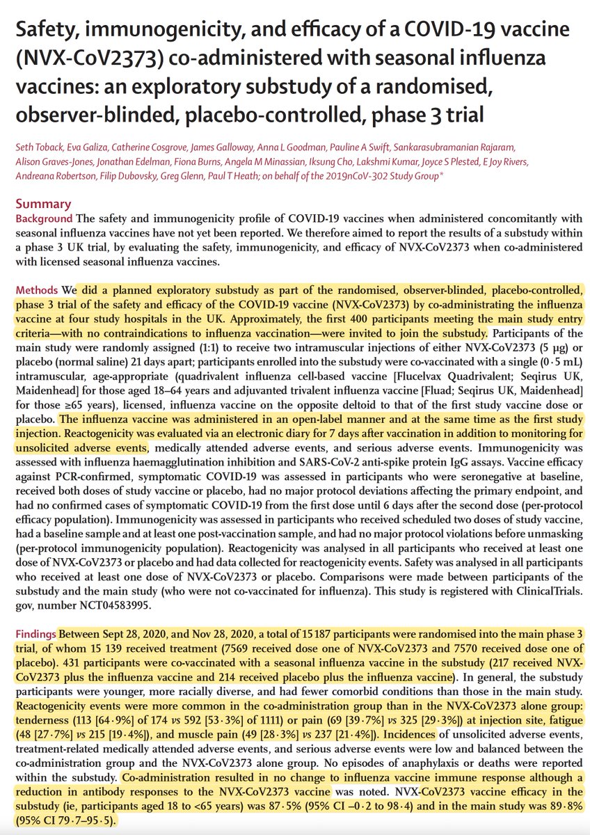 EricTopol's tweet photo. The first randomized trial to show safety, immune response and efficacy profile of a combined Covid vaccine (@Novavax) and flu shot at the same time https://t.co/DdZdRZfjcl @LancetRespirMed 
"an unanticipated upside"
"the co-administration of the 2 vaccines is safe and effective" https://t.co/vEVlZ9uQlR