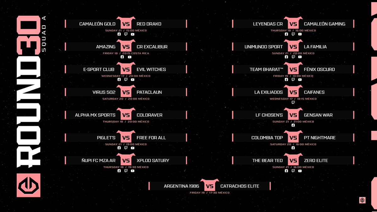 Buenas noches Clasheros, aquí les dejamos los enfrentamientos que tendremos durante toda la semana del  SQUAD A.

Que viva el tocino!