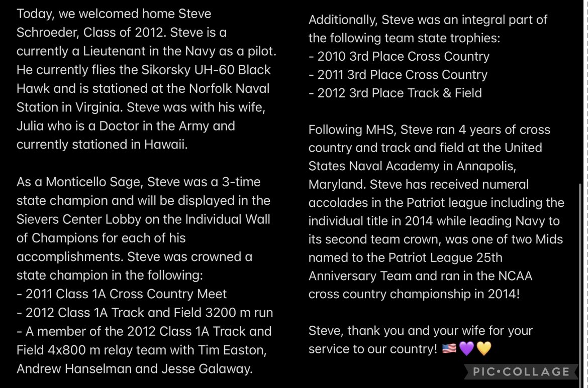 Had the pleasure to welcome home &amp; provide a tour of our new facility &amp; renovated HS to one of the most decorated athletes in school history
3 state championships &amp; 3 state trophies! Steve Schroeder is a Lt in the <a href="/USNavy/">U.S. Navy</a> &amp; ran 4 years at <a href="/NavalAcademy/">U.S. Naval Academy</a> #GoSages #BestIsTheStandard
