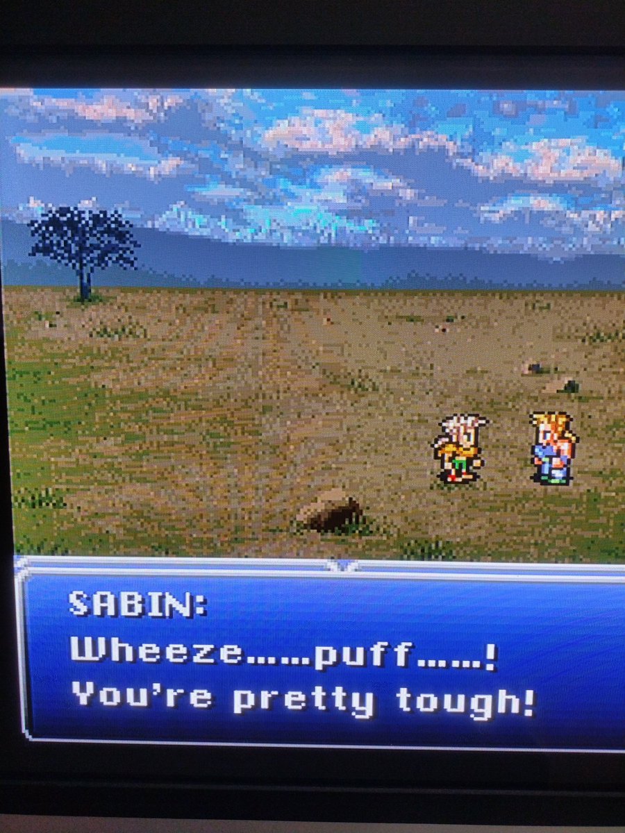 DannyOcchipinti's tweet photo. Hi, guys!! I'm gaining Gau as a member of my Final fantasy 3 group!! Sabin's scenario is about to end!! Ha ha ha 😃😂 🎮 #FinalFantasy #supernintendomini #retrogamer https://t.co/R97kiqiEOe