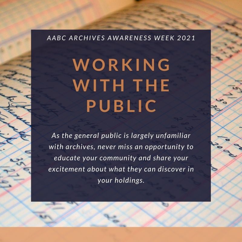 archivesassocbc's tweet photo. Our next Archives Awareness Week post is all about Working with the Public! Never miss an opportunity to educate your community and share your excitement about what they can discover in your holdings. #BCAAW2021 https://t.co/6UDDqzlKDI