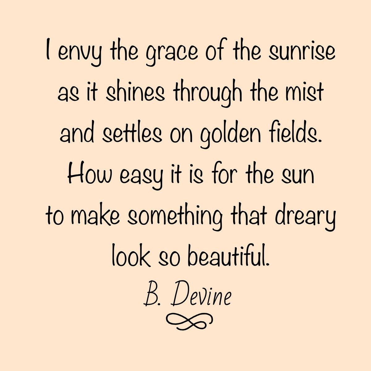 I envy the grace of the sunrise as it shines through the mist and settles on golden fields. How easy it is for the sun to make something that dreary look so beautiful. 

#bdevine #poem #poetry #quote #qotd #WritingCommunity