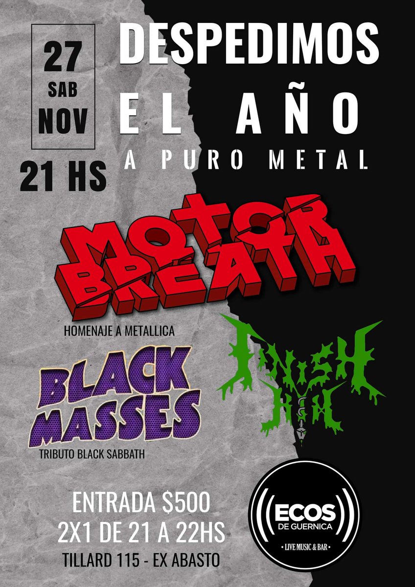 BrunoScotte's tweet photo. 🤘 Se sumaron los amigos de Finish Him! Los esperamos el sábado 27 de noviembre en @ecosdeguernica junto a Black Masses tributo a Black Sabbath!
🎟️ Entrada $500 / 2x1 de 21 a 22 horas
Nos vemos ahí!!!!
 #homenaje #metallica #envivo #27N #sabado #blacksabbath #cordoba #argentina https://t.co/5jvJvxicrA