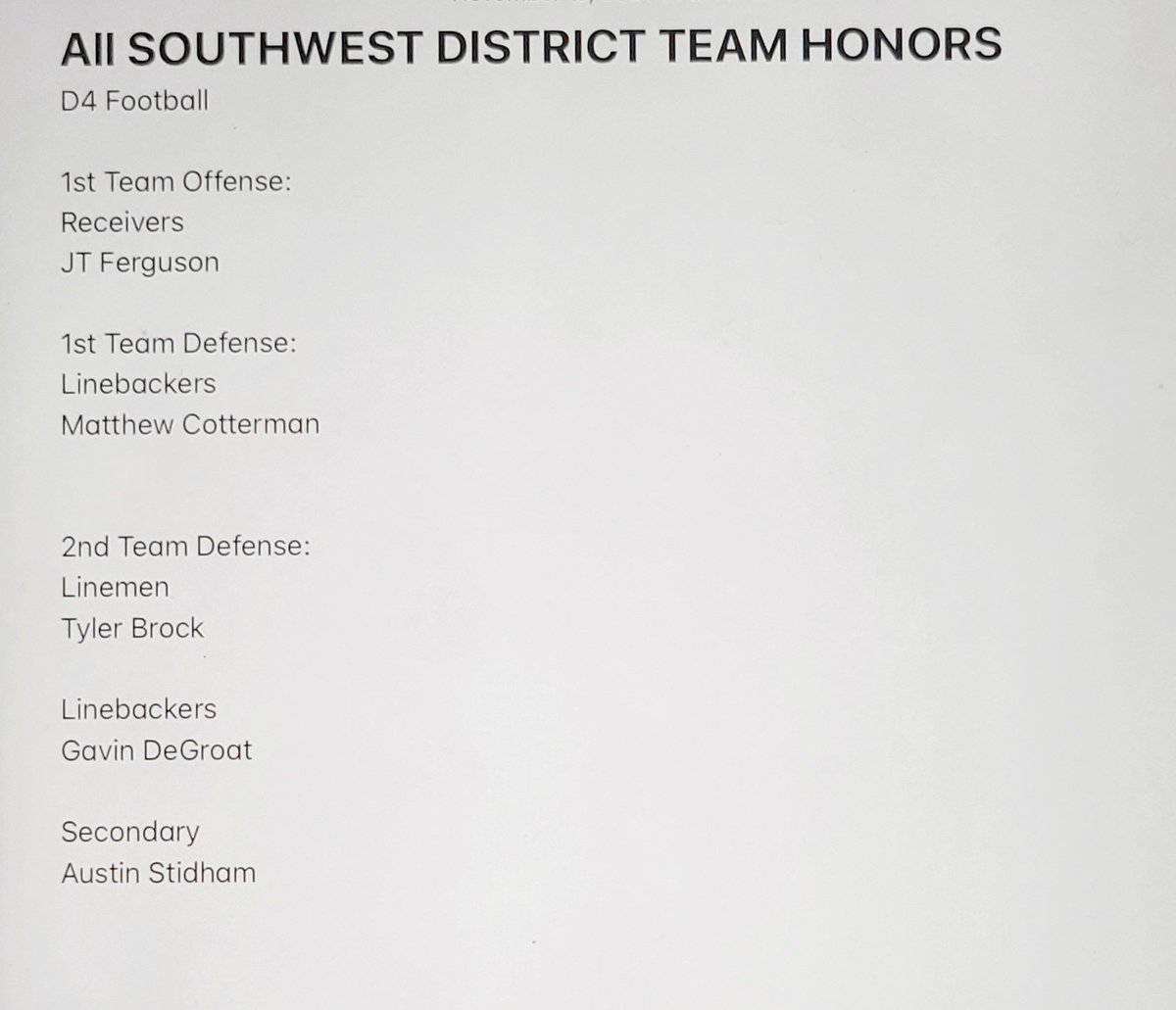 SpartansView's tweet photo. 🏈🏈🏈🏈🏈🏈🏈
All SW District Honors D4
Congrats Boys!! Job well done🏆🏆 https://t.co/VeJcFuoxlB