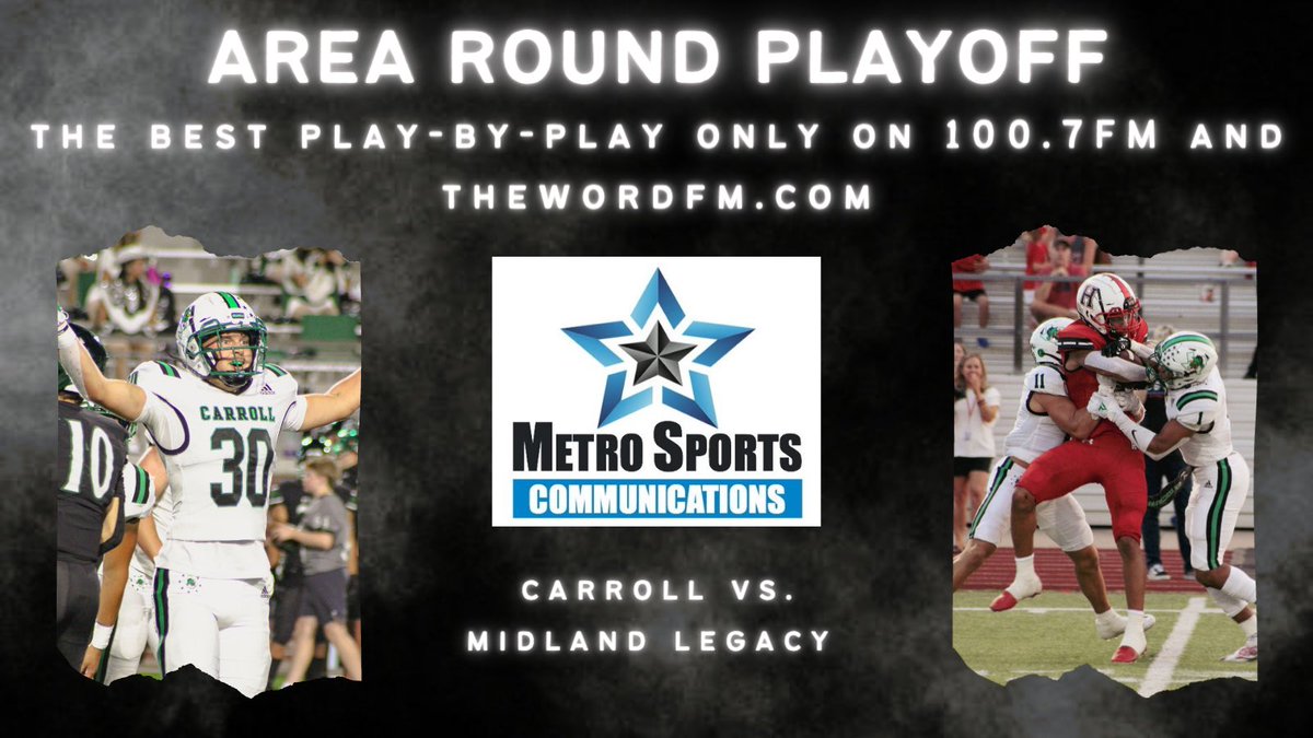 MetroSportsDFW's tweet photo. Dragon fans you KNOW where to find the BEST broadcast this Saturday! Our crew knows Dragon Football better than anybody. 

The ONLY place you want to keep up with @CarrollDragonFB vs Midland Legacy is w/ Chuck &amp; Justin on 100.7FM, on your app or online. 

Airtime is 6:30 🏈 https://t.co/fbN5lwQU0g