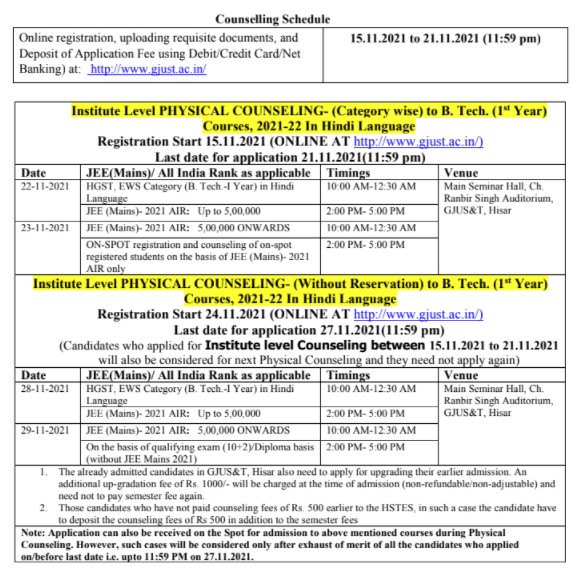 techedharyana's tweet photo. INSTITUTE LEVEL COUNSELLING FOR VACANT/LEFT-OVER ADMISSION TO
B. TECH. (1st Year) COURSES, 2021-22 IN HINDI LANGUAGE at Guru Jambheshwar University of Science and Technology, Hisar @GJUHSR https://t.co/rUNmFdVsnT