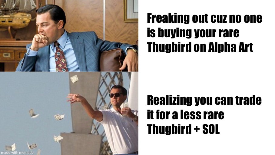 Factoria_DEX's tweet photo. Is this true? Or is the real answer "I would never sell my #thugbird" ๐ฅต
@dizzanxietytho @thugbirdz @thugDAO @Monke_462 @Monke_462 https://t.co/FLZFRZYd6i