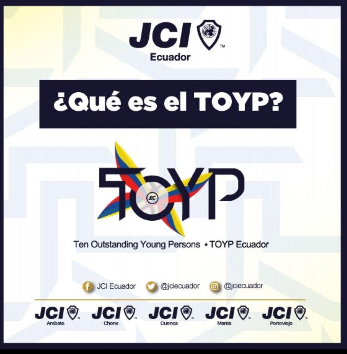 JCIEcuador's tweet photo. Conoce acerca del programa TOYP 🥇✨

#TOYPEcuador #TOYPec #jovenes #jovenessobresalientes #JCIEcuador #inspiremos https://t.co/8mz6M4iPi1