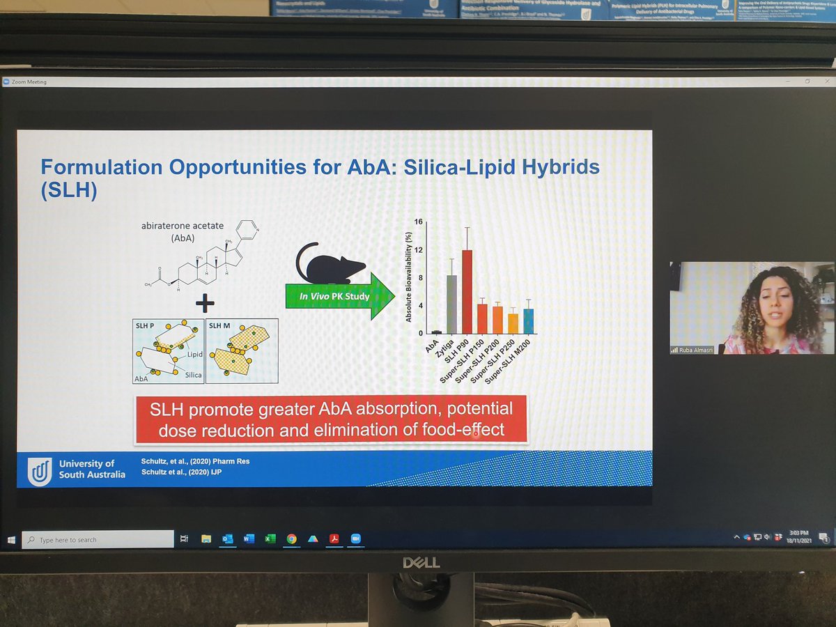 Nice talk by our student, <a href="/RubaAlmasri9/">Ruba Almasri</a> at #DDA2021 today! Tune in tomorrow to hear <a href="/MuhammedAwad35/">Muhammed Awad</a>'s talk on nanofats and superbugs 🦠 <a href="/AustralianCRS/">Drug Delivery Australia</a>