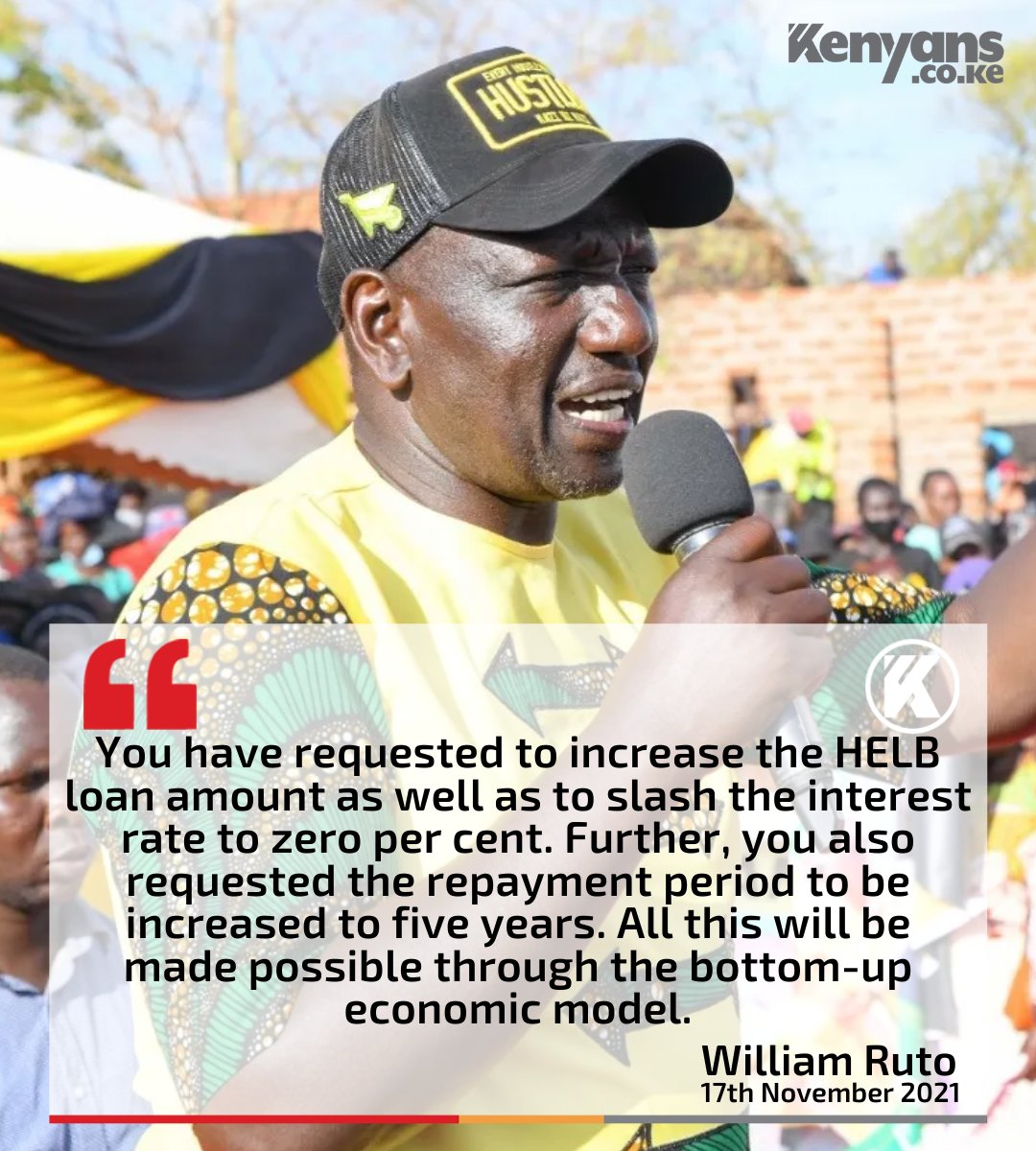 Kenyans's tweet photo. DP @WilliamsRuto promises to increase the HELB loan amount and make it interest free. https://t.co/Sq7uWJIT9m