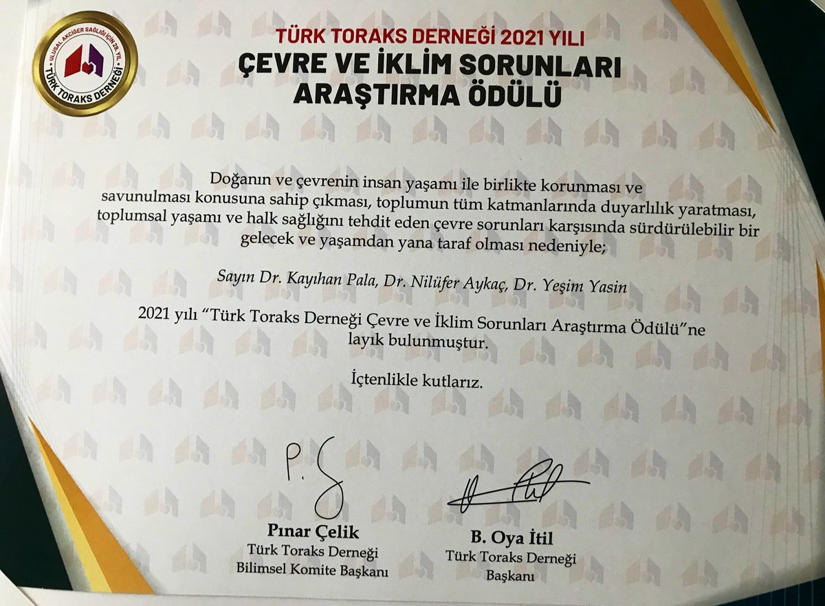KAYIHANPALA's tweet photo. Ülkemizde hava kirliliği (PM2.5) nedeniyle erken ölümleri incelediğimiz çalışmamızla Türk Toraks Derneği 2021 Yılı Çevre ve İklim Sorunları Araştırma Ödülünü aldık. Ödüle değer bulanlara teşekkür ediyoruz. @TurkToraks @NiluferAykac @yesimyasinn https://t.co/jIYthLqFr7