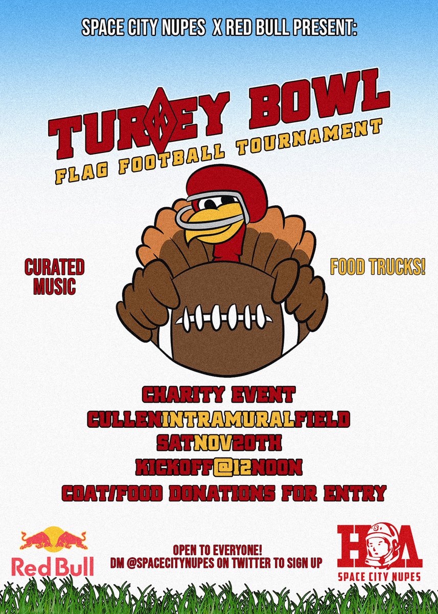 SpaceCity Nupes X Red Bull tailgate this Friday, then Saturday we got a flag football charity event! It’s safe to say SpaceCity is here to make sure you have a great time🕺🏾🤩 Please fill out the google form below to participate in the football tournament⬇️