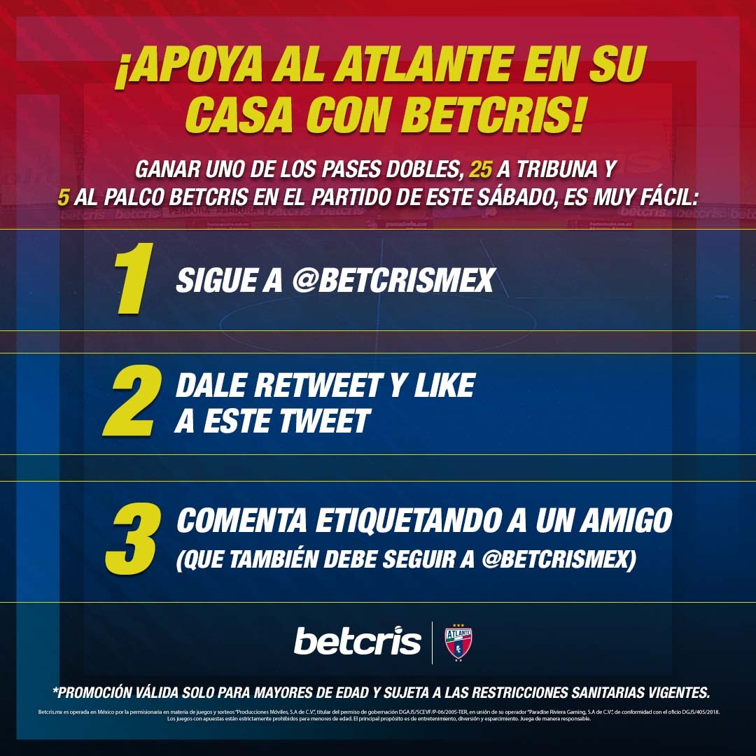 ¡Apóyanos en casa con Betcris! 🎟
Ganar uno de los 25 pases dobles en tribuna y 5 pases dobles en palco para nuestro partido de este domingo es muy fácil.🏟
1⃣ Sigue a <a href="/betcrismex/">Betcris México</a> 
2⃣ Dale 🔁 y ❤️ a este tweet
3⃣ Responde etiquetando a un amigo (también debe seguir a <a href="/betcrismex/">Betcris México</a>)