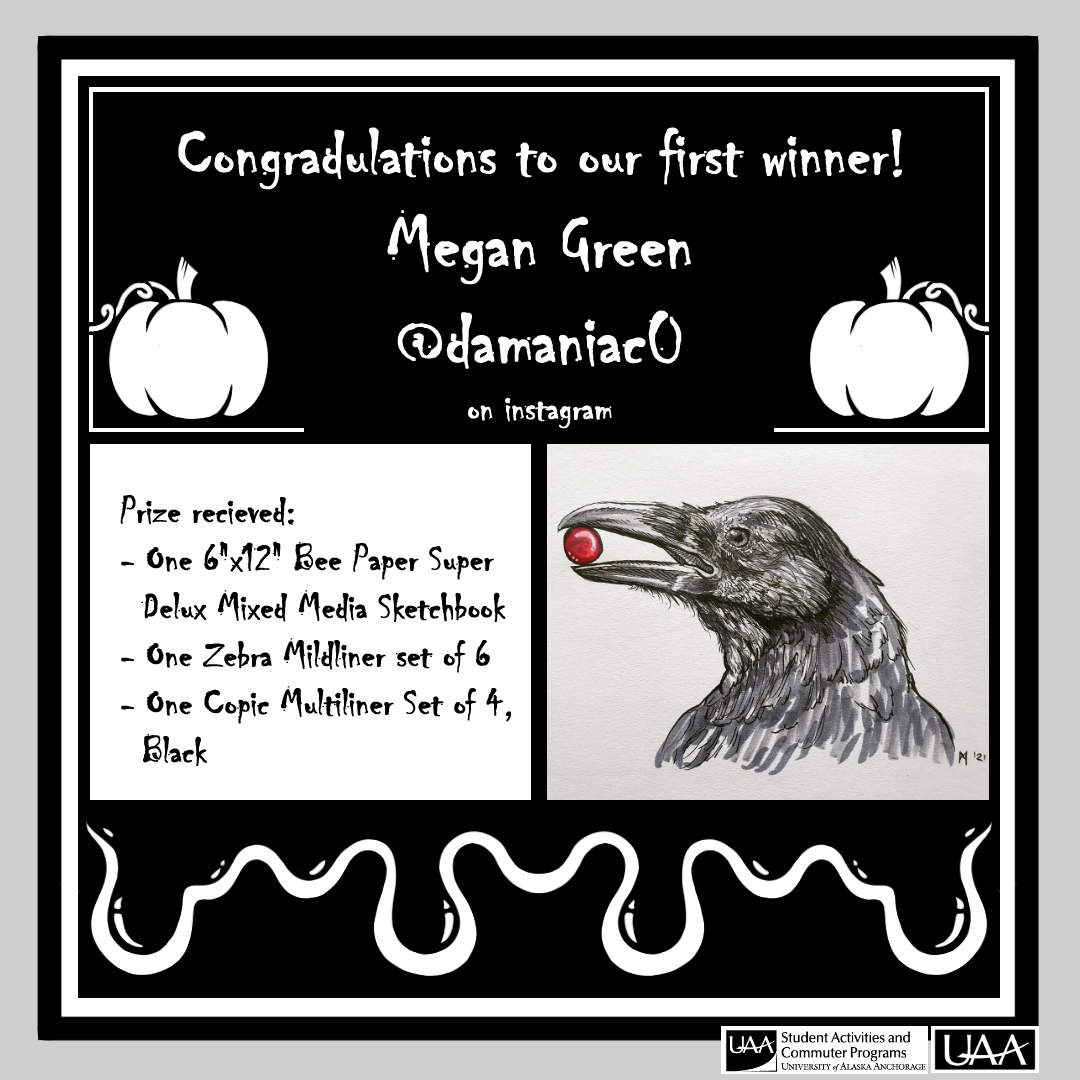 UAA_SACP's tweet photo. Congratulations to our first winner of our #UAAInktoberContest2021! Megan Green (Username damanica0 on Instagram) who created an amazing drawing of a Raven. Congratulations again! https://t.co/QHuhBswOnM