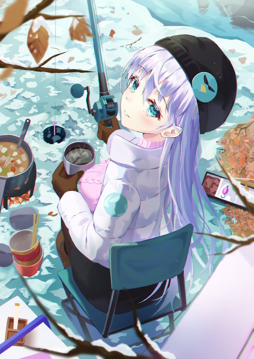1girl solo hat long hair sitting gloves looking at viewer  illustration images