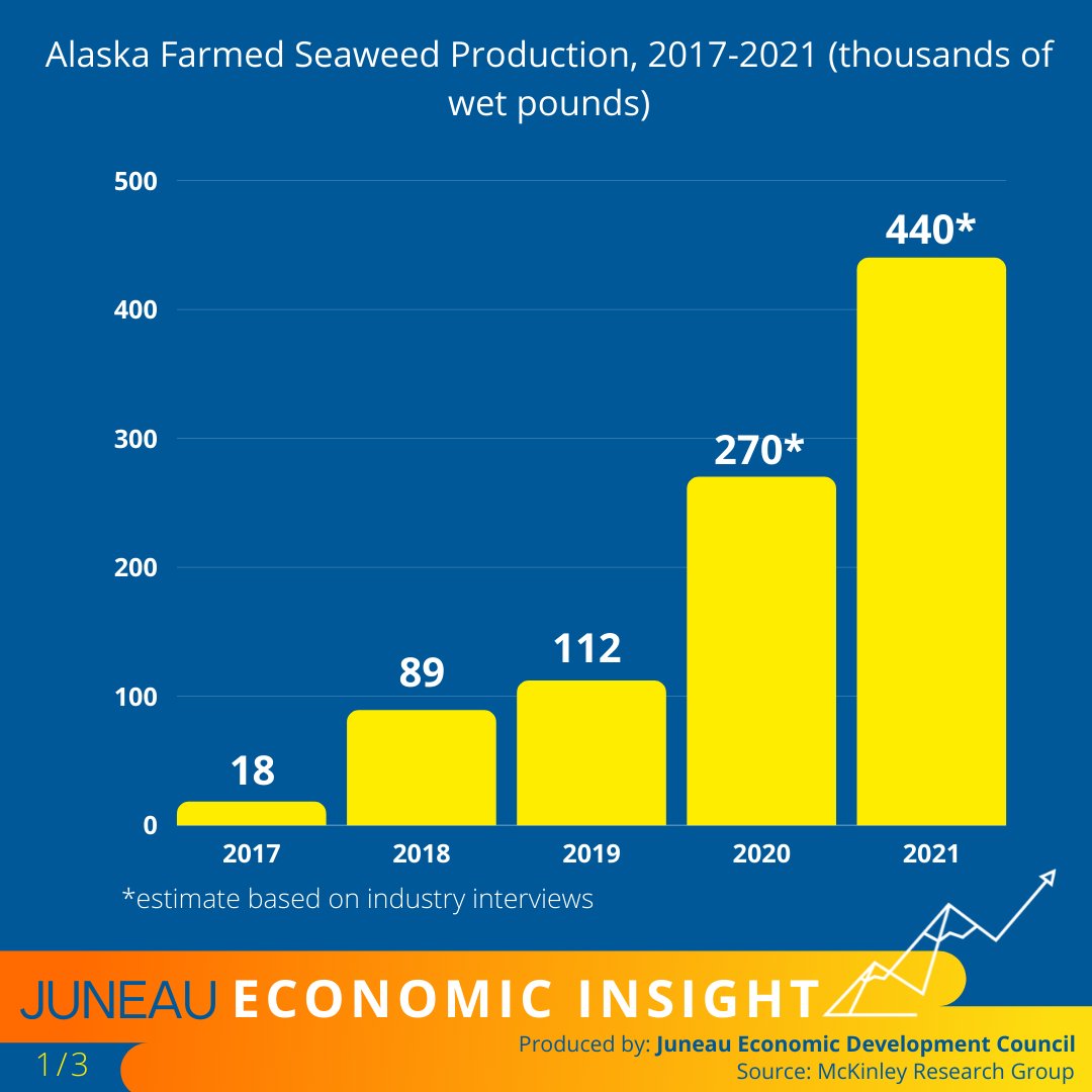 JEDC_Juneau's tweet photo. Alaska is home to long stretches of undeveloped coastline, making it a prime location for the development of a mariculture industry. Production has risen in recent years, and the practice is environmentally sustainable. Seaweed farming most common, having many uses commercially. https://t.co/fEbnflStsj