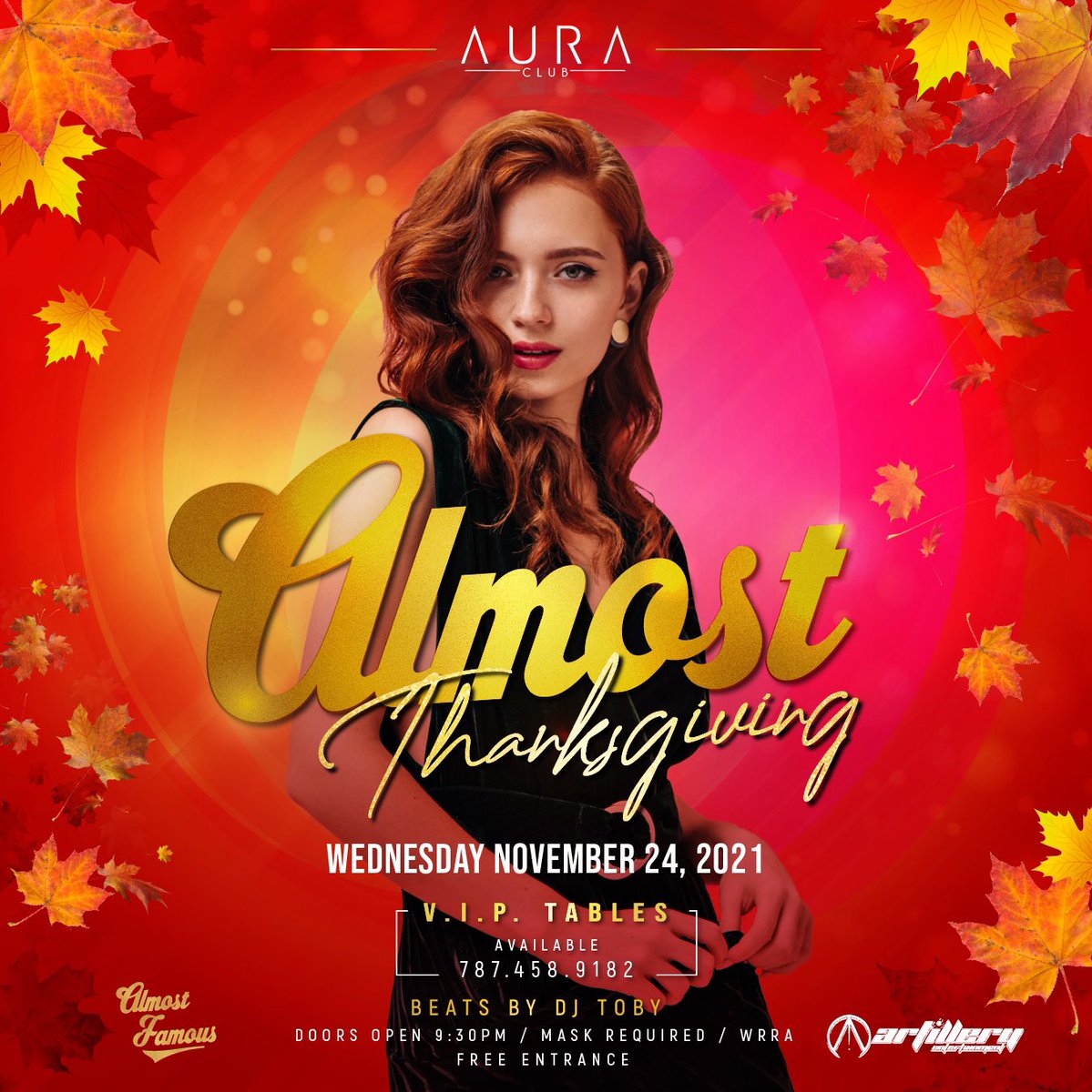 Artillery_Ent's tweet photo. 🔥 🚀 WEDNESDAY NOVEMBER 24 #ArtilleryEntertainment Presents ALMOST THANKSGIVING at #AuraClub. WE CAN’T STOP, WE WON’T STOP. This is our party we can do what we wanna 😎.#ARTILLERY #ALMOSTFAMOUS #KEEPGOING https://t.co/8JFIqzxbhN