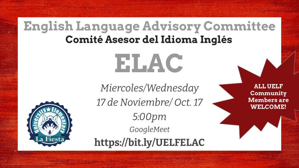 ELAC NOW! 
Wednesday, Nov. 17 at 5pm
*link in principals newsletter*The team will be reading and providing feedback on the Single Plan for Student Achievement, with an emphasis of noting how the actions are aligned with the goals.