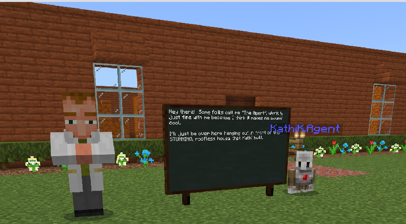 We rocked some "assessment" stuff in our <a href="/PlayCraftLearn/">Minecraft Education</a> course tonight with <a href="/nodooley/">Noreen Dooley, Ed.D.</a> and <a href="/TechisforGirls/">Jennifer Brown</a>!  Look at me with an NPC, an agent, and a board.  Plus I used the camera and captioned these in my portfolio!  I don't even know who I am anymore!  #MicrosoftEdu