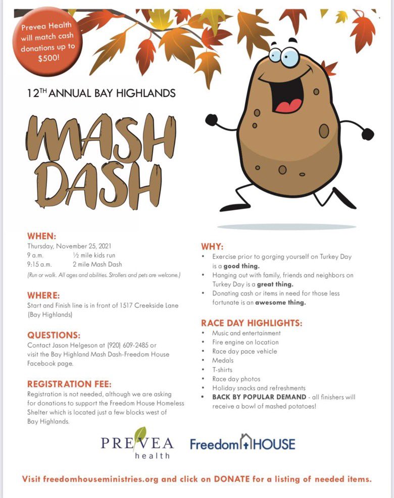 PrebleCC's tweet photo. Thanksgiving morning the Helgeson family will be hosting the Mash Dash! Please see flyer below for details. https://t.co/6oBu5oTqpK