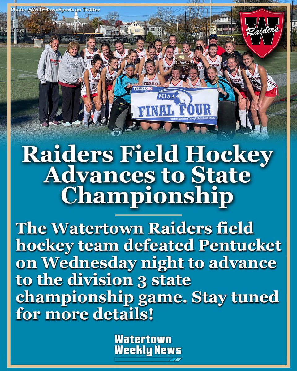 WCN_Watertown's tweet photo. #WATERTOWN WINS!

The Raiders are headed to the division 3 state championship game after defeating #Pentucket on Wednesday night. Stay tuned for more details about the championship game. https://t.co/Tuzjp9eTnt