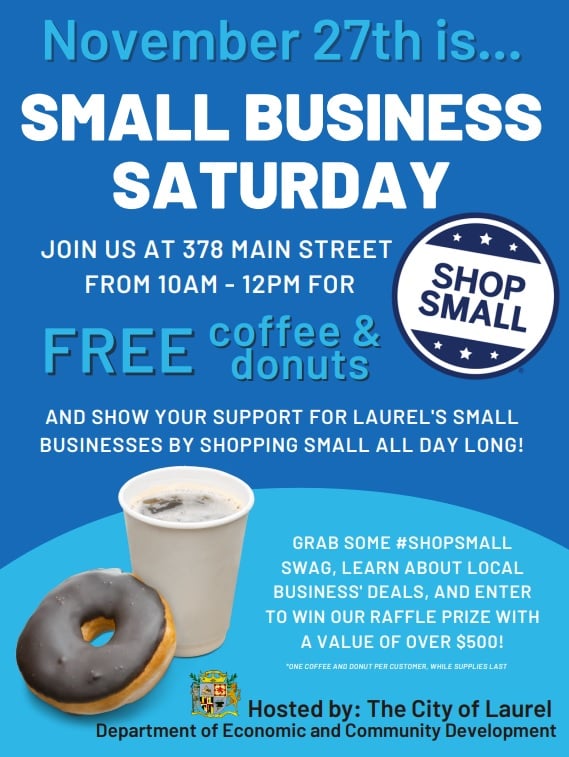 LaurelPIO's tweet photo. Get ready to #shopuntilyoudrop &amp; #shoplocal. Not just on Main Street in Laurel, but at all our local small businesses. Save the date. 
@cityoflaurel @laurelcityoem
 #SmallBusinessSaturday https://t.co/oIvVUp9bC4