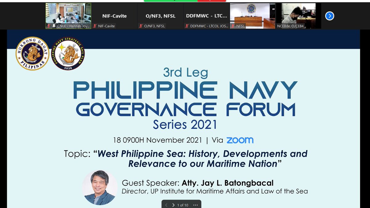 HAPPENING NOW: 3rd Leg of the <a href="/Philippine_Navy/">Philippine Navy</a> Governance Forum Series 2021 with Dr. <a href="/JayBatongbacal/">Jay L Batongbacal</a> as the Guest Speaker for the topic, "West Philippine Sea: History, Developments and Relevance to our Maritime Nation"

#ModernandMultiCapablePHNavy