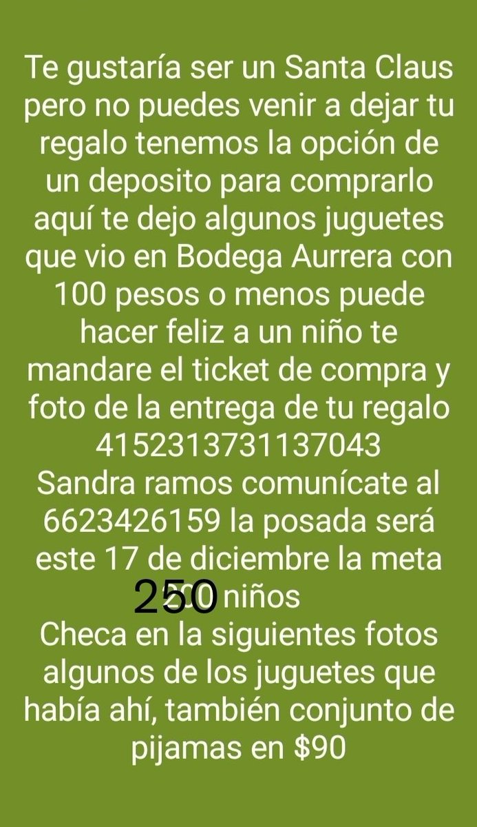 Deseas ser un Santa Claus puedes traer tus regalos o si no puedes a este número puedes depositar es BBVA Bancomer. Para pedir más información 6623426159 con <a href="/Sandra96529321/">Sandra</a>  <a href="/damianzepeda/">Damián Zepeda</a> <a href="/fjfserna/">Francisco Serna</a> <a href="/JuanSalasRamos/">juan</a> <a href="/VickyEspinozaT/">Vicky Espinoza</a> @