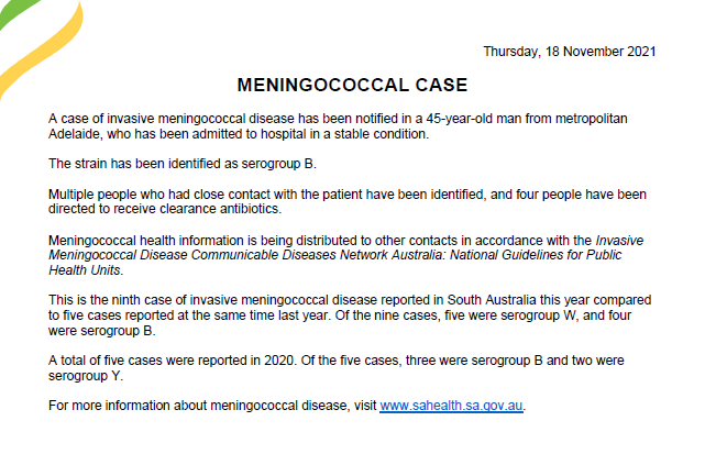 SAHealth's tweet photo. HEALTH ALERT: MENINGOCOCCAL CASE https://t.co/ymzJUE1SDF