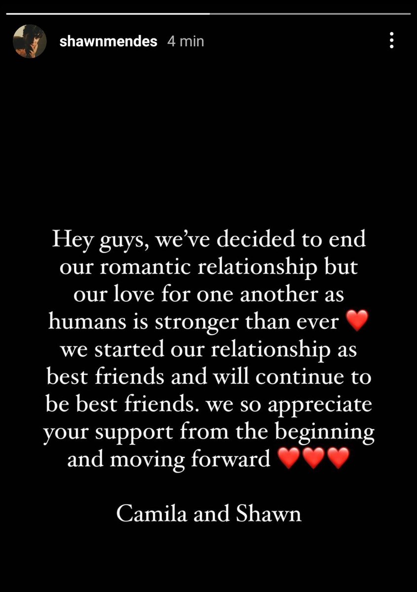 maytavares21's tweet photo. Após rumores, Shawn Mendes e Camila Cabello acabam de publicar nos stories o mesmo texto, confirmando sua separação. Ambos afirmam que continuarão como melhores amigos, assim como quando começaram a relação, e agradecem aos fãs pelo apoio
@Camila_Cabello @ShawnMendes https://t.co/YNiwcxfgDz